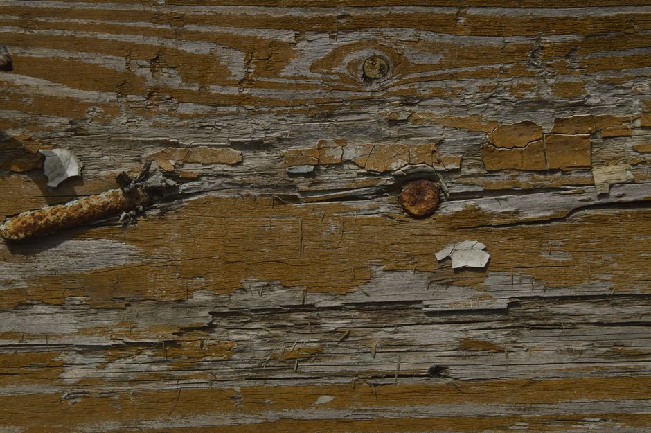 Detailed view of eroded wooden surface showing natural texture and rust formations.